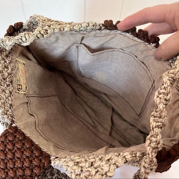 Vintage Handmade Boho Macrame Shoulder Bag Purse Wood Beads Tassels Brown Tan - Picture 6 of 7